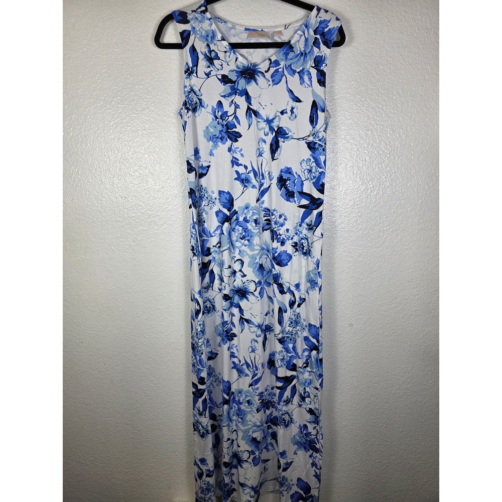 Belle by Kim Gravel Blue White Floral V-Neck Maxi Dress Sleeveless XST Tall